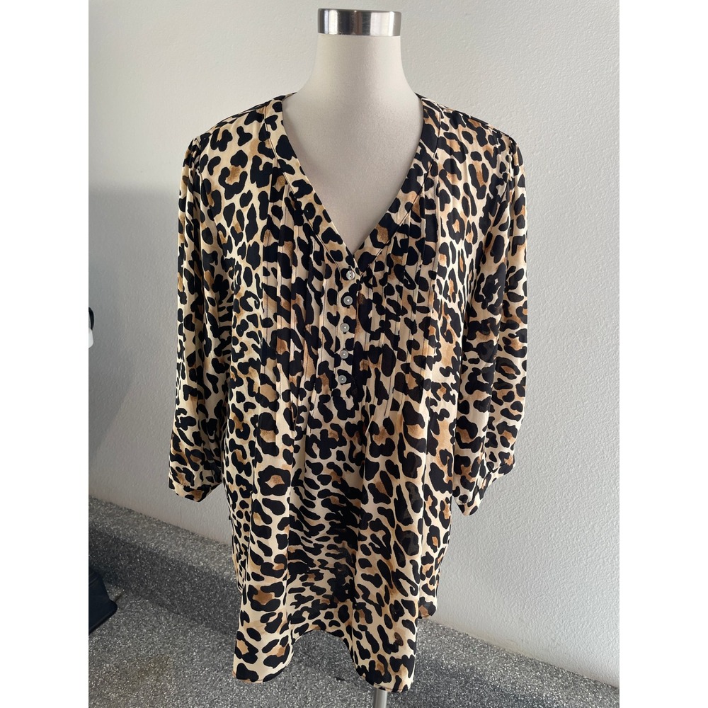 NEW Rose + Olive Womens Plus 2X Leopard Animal Print Blouse 3/4 Sleeve Tunic Top